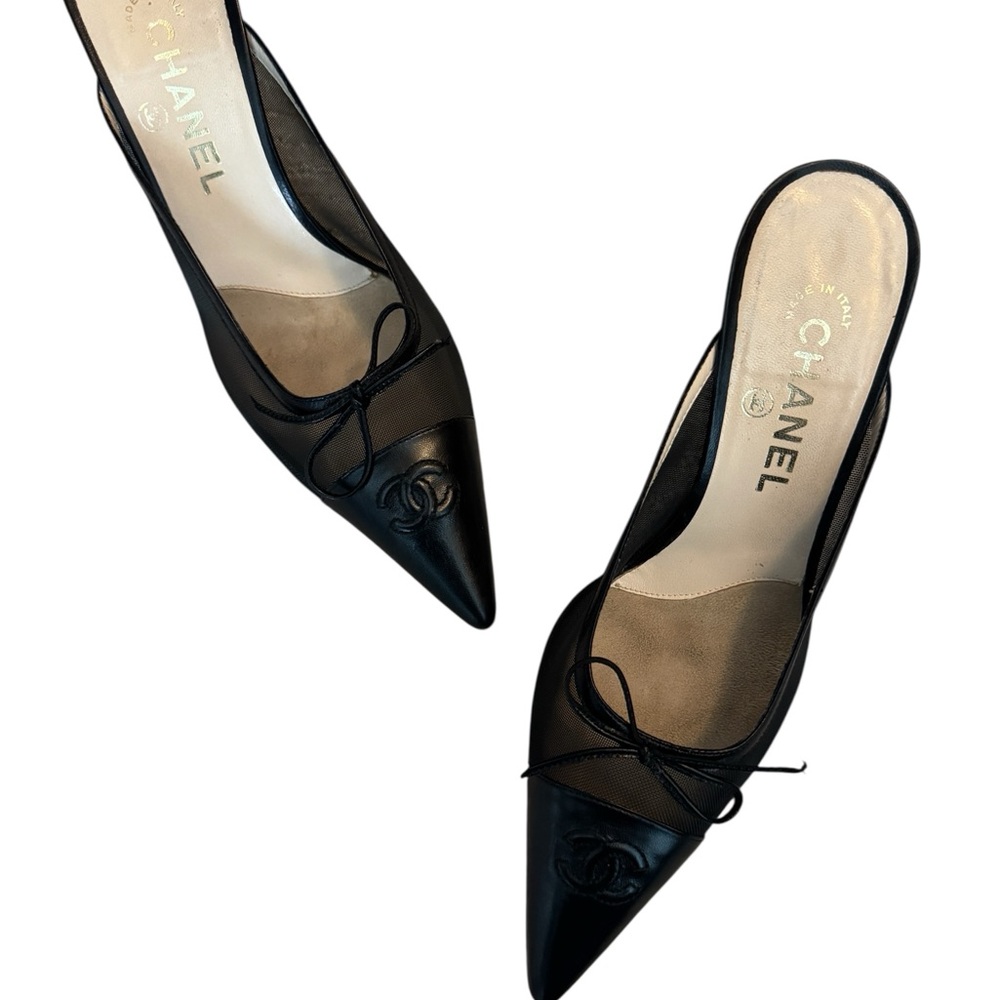 CHANEL “CC” Black MESH MULE HEELS - Picture 5 of 7